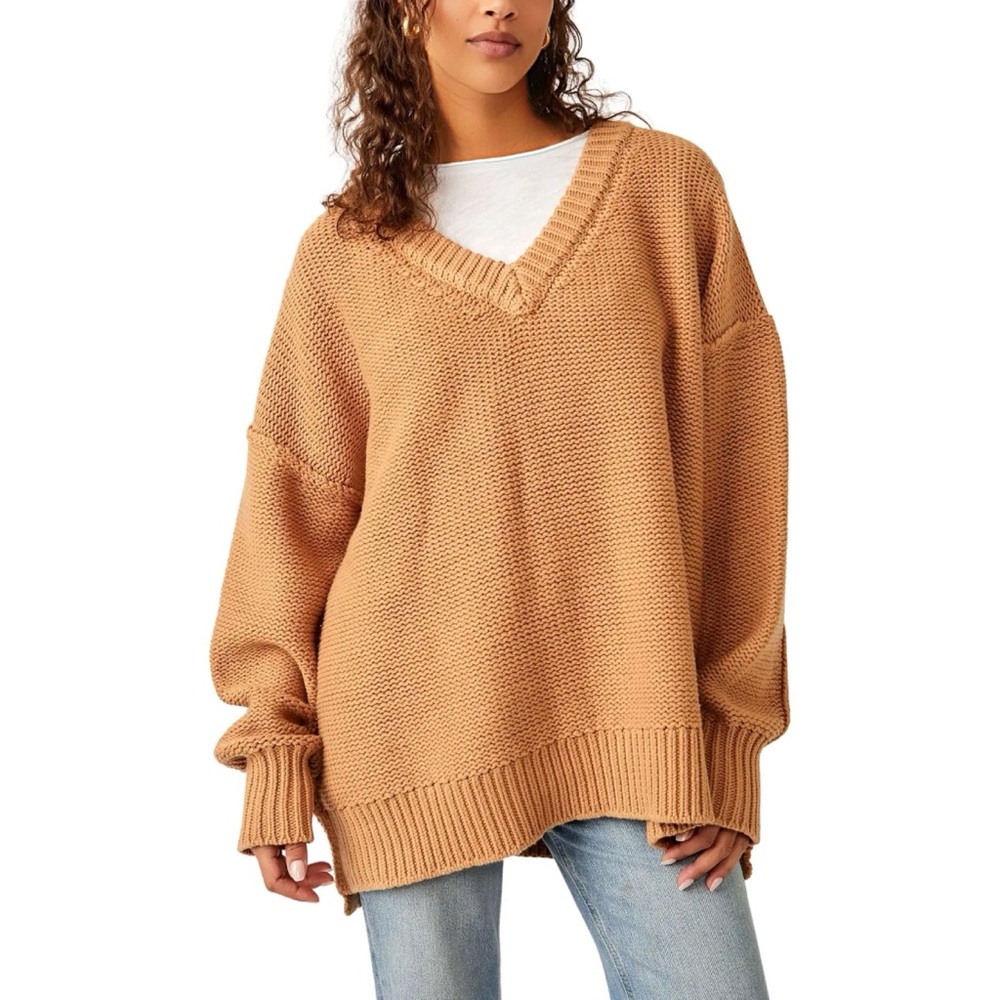 Free People Alli V-Neck Sweater Oversized Slouchy Cotton Blend Chunky NWT Sz L